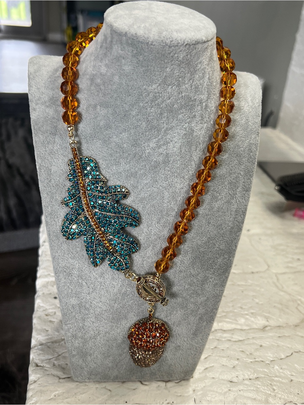 Crystal Leaf and Acorn Pendant Necklace